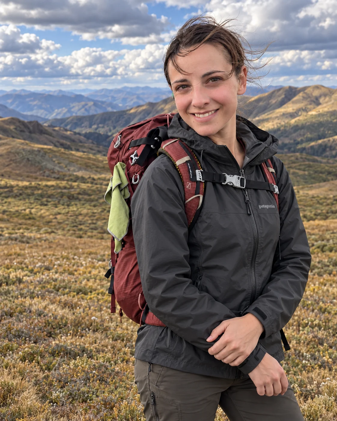 Abbey in her Patagonia jacket with a hiking pack on mountain terrain
