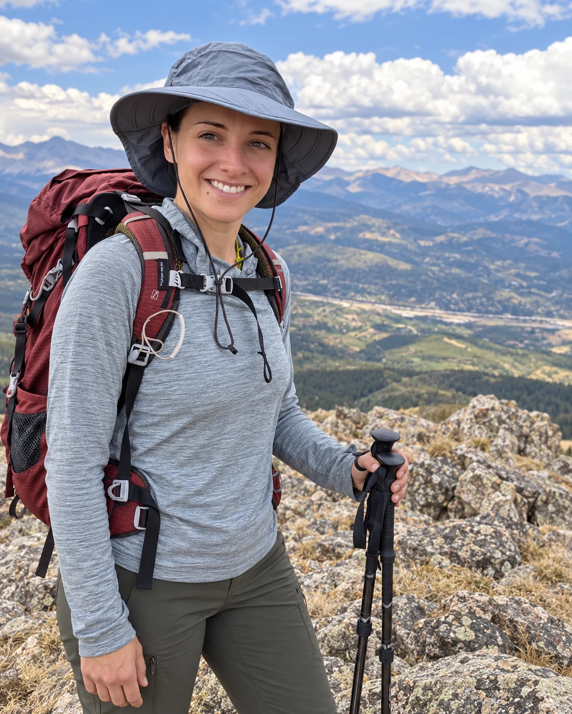 Abbey with a backpack, sun hat and trekking poles