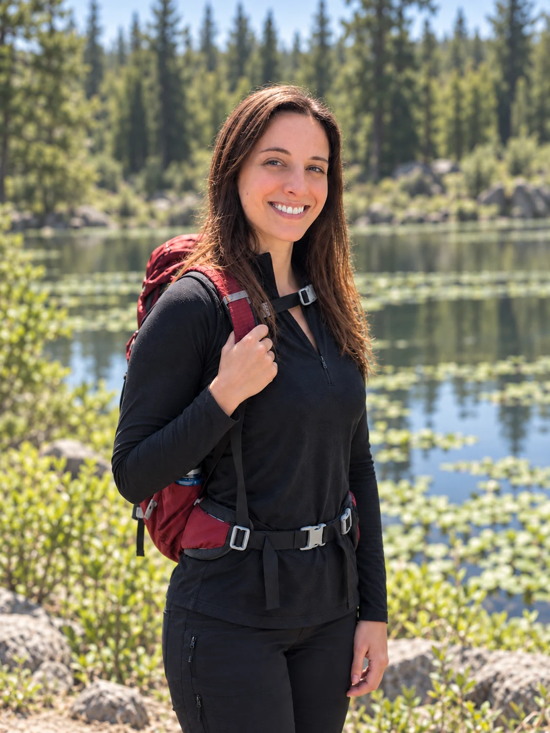 Abbey smiling beside a lake, holding her backpack strap
