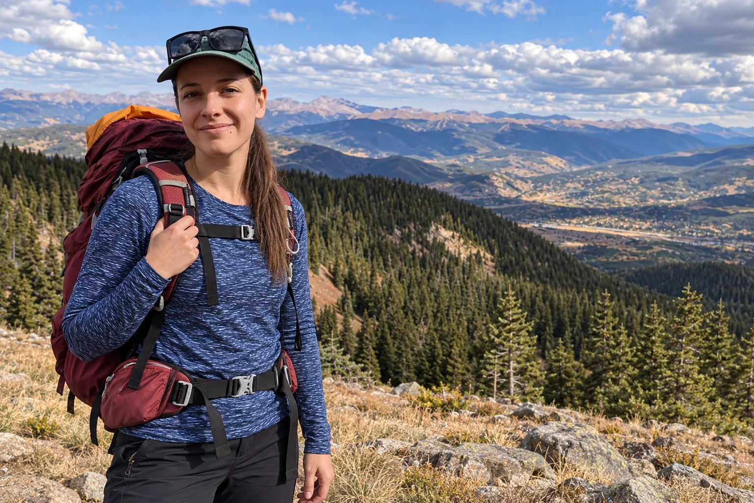Abbey with a backpack on a mountain ridge