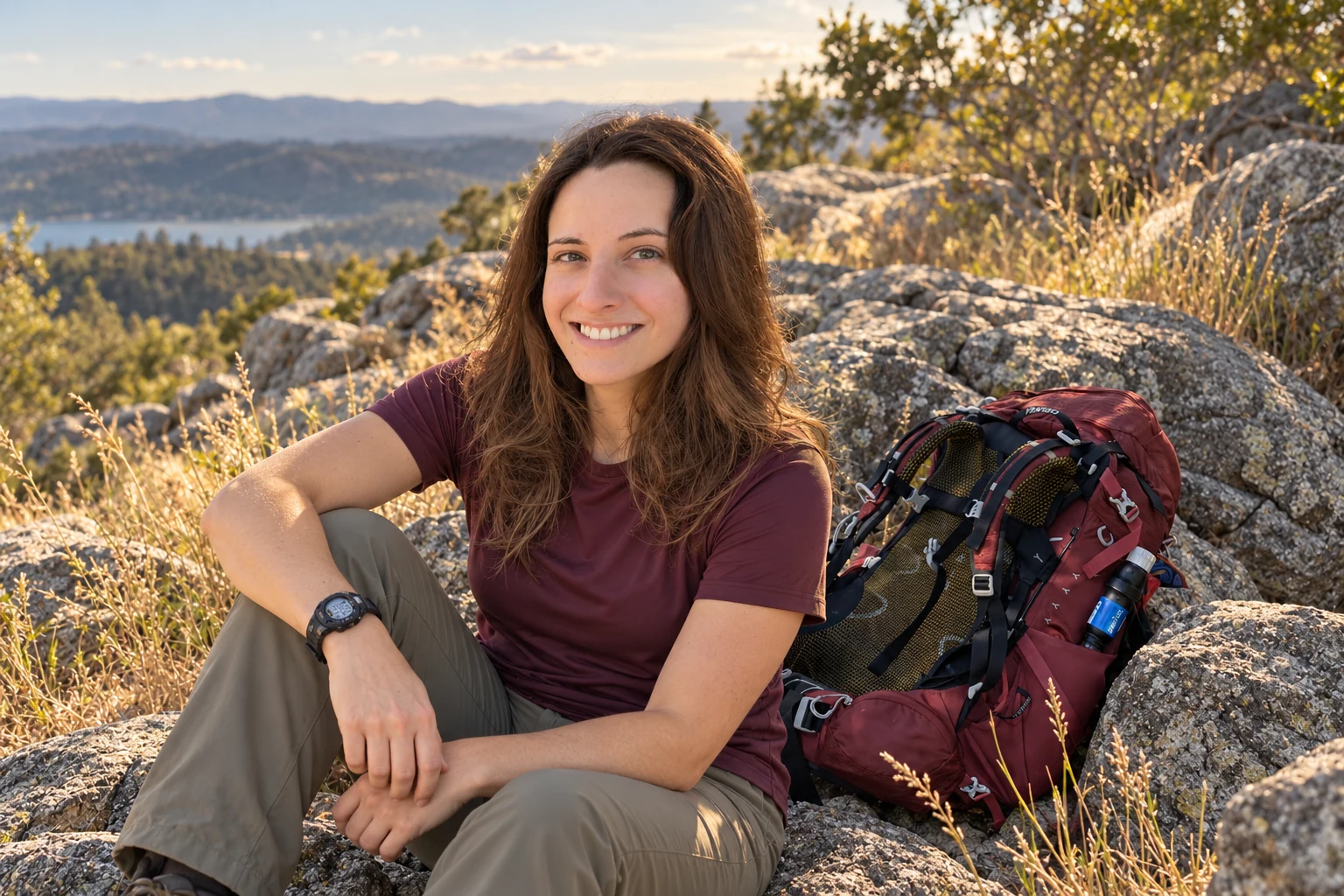Abbey seated beside her hiking backpack