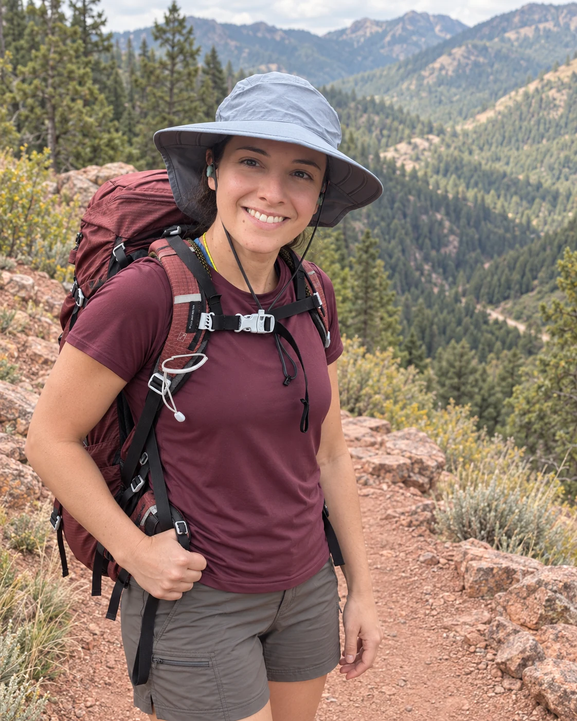 Abbey with her hiking pack and sun hat on a trail